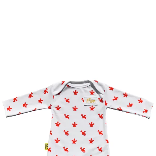 White organic cotton baby sleepsuit with cute red dragon design