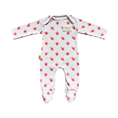 White organic cotton baby sleepsuit with cute red dragon design fasteners inside legs for easy opening, can be personalised