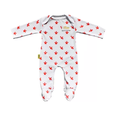 White organic cotton baby sleepsuit with cute red dragon design fasteners inside legs for easy opening, can be personalised