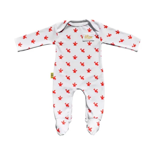 White organic cotton baby sleepsuit with cute red dragon design fasteners inside legs for easy opening, can be personalised