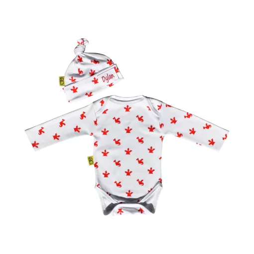 White organic cotton baby long sleeved bodysuit and hat gift set in our cute Welsh red dragon design and can be personalised