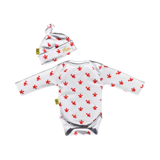 White organic cotton baby long sleeved bodysuit and hat gift set in our cute Welsh red dragon design and can be personalised