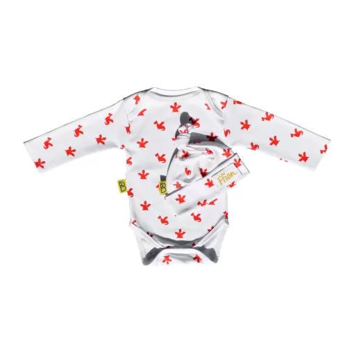 White organic cotton baby long sleeved bodysuit and hat gift set in our cute Welsh red dragon design