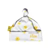 Handmade white organic cotton baby hat with a yellow daffodil design and a knot at the top, can be personalised with name