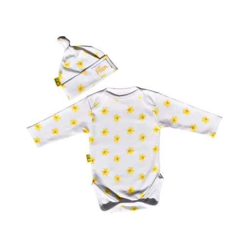 White organic cotton baby long sleeved bodysuit and hat gift set in our vibrant Welsh daffodil design and can be personalised