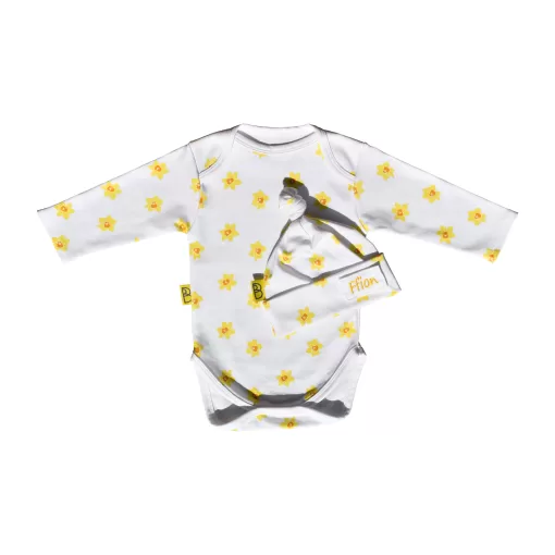 White organic cotton baby long sleeved bodysuit and hat gift set in our vibrant Welsh daffodil design and can be personalised