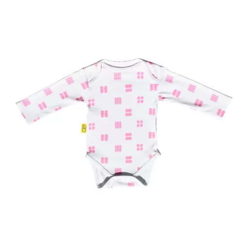 White organic cotton baby long sleeved bodysuit with pink tapestry design with two fasteners at bottom can be personalised