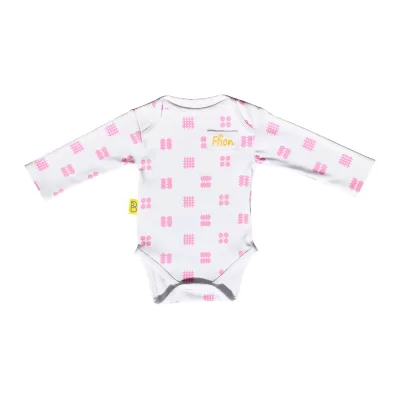 White organic cotton baby long sleeved bodysuit with pink tapestry design with two fasteners at bottom can be personalised