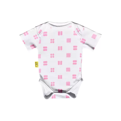 White organic cotton baby short sleeved bodysuit with pink tapestry design with two fasteners at bottom can be personalised