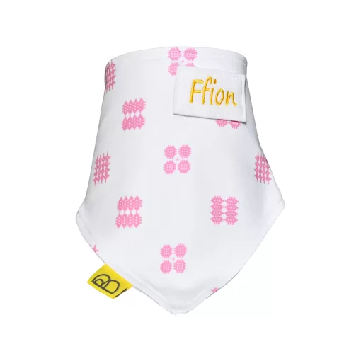 White Organic Cotton Baby Dribble Bib in our Pink Tapestry Pattern with two adjustable fasteners made in Wales by Babi Bw