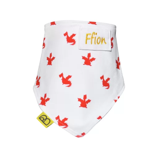 Handmade white organic cotton baby bib with a red dragon print, they are one size and have two fastenings to adjust fit