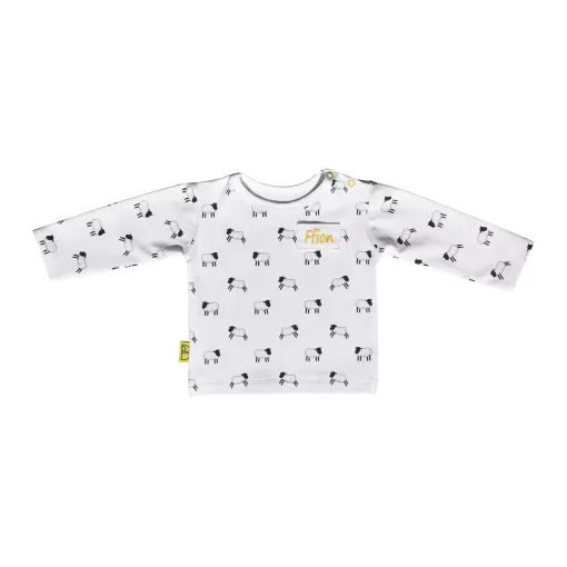 Organic long sleeve T-shirt with hand drawn cute leaping lambs printed on white cotton, with two nickel-free poppers on shoulder for easy changing.