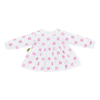 Handmade long sleeve white organic cotton little girl dress with a unique pink Celtic print with two fasteners to adjust back