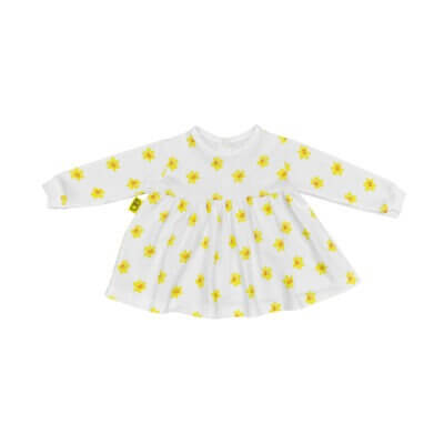 Handmade long sleeve white organic cotton little girl dress with a vibrant daffodil print with two fasteners to adjust back