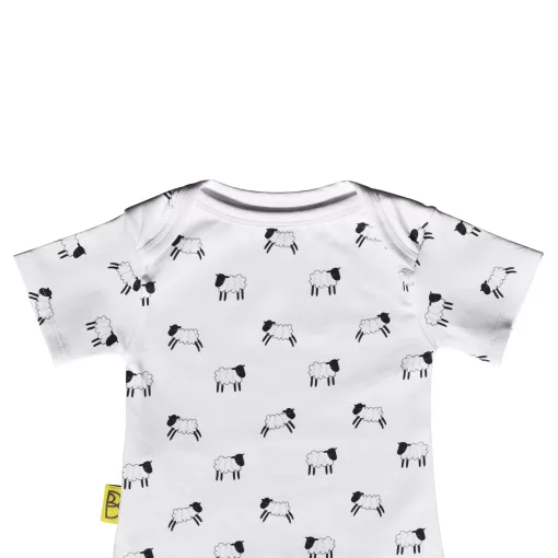 Short sleeved handmade organic cotton baby romper with a unique cute leaping lambs design printed on to white cotton. It has poppers on the crotch.