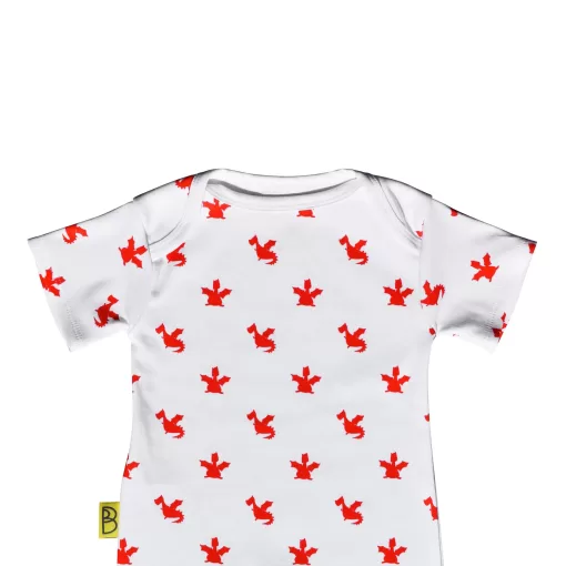 White short sleeved handmade organic cotton baby romper in cute red dragons design with fasteners at bottom for easy opening