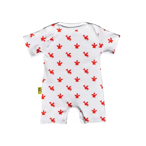 White short sleeved handmade organic cotton baby romper in cute red dragons design with fasteners at bottom for easy opening