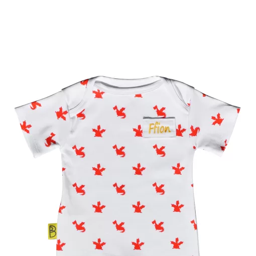 White short sleeved handmade organic cotton baby romper in cute red dragons design with fasteners at bottom for easy opening