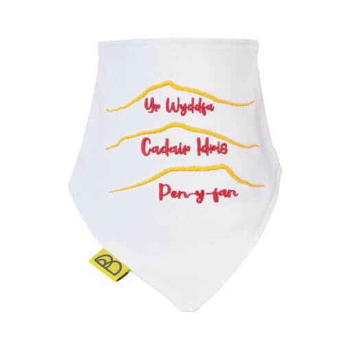 Handmade white Welsh organic cotton baby bib embroidered with words of the Welsh three peaks in yellow and red