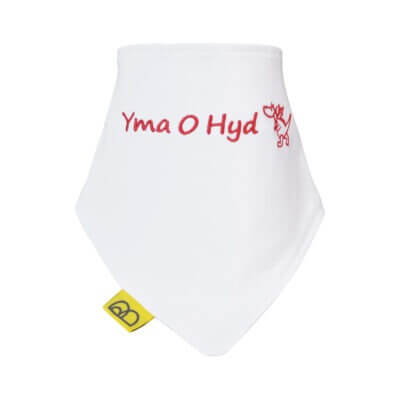 Organic Dribble Bib - Yma O Hyd embroidered in red. Made in Wales