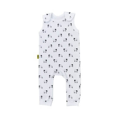 White organic handmade cotton baby dungarees with no sleeves in our Welsh sheep design with two fasteners on each brace