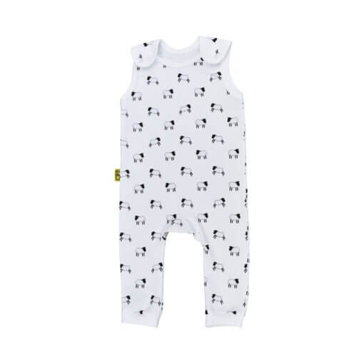 White organic handmade cotton baby dungarees with no sleeves in our Welsh sheep design with two fasteners on each brace