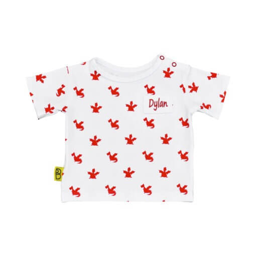 Handmade white organic cotton baby T shirt Welsh red dragon print, fasteners on shoulder and can be personalised