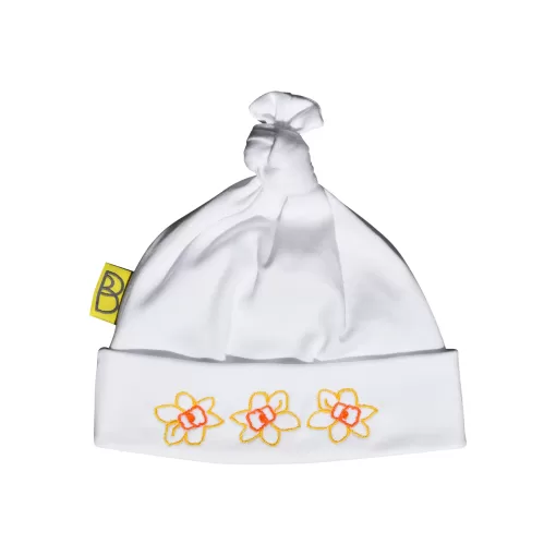 Handmade white Welsh organic cotton baby hat embroidered with three yellow and orange daffodils