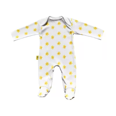 White organic cotton baby sleepsuit with vibrant daffodil design fasteners inside legs for easy opening, can be personalised