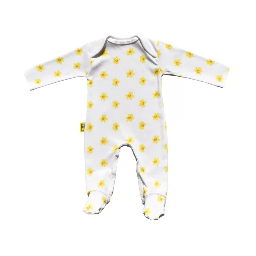 White organic cotton baby sleepsuit with vibrant daffodil design fasteners inside legs for easy opening, can be personalised