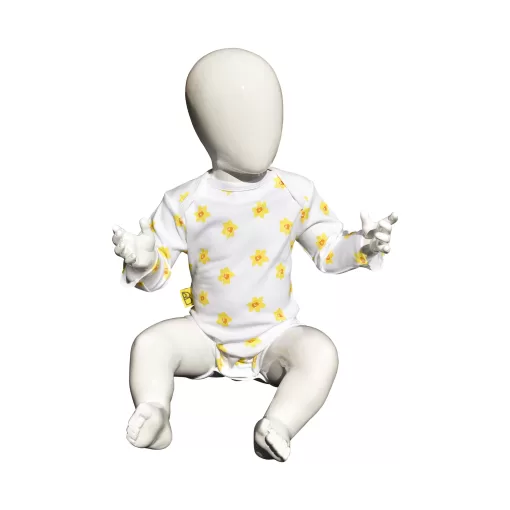 White organic cotton baby long sleeved bodysuit with vibrant daffodil design with two fasteners at bottom can be personalised