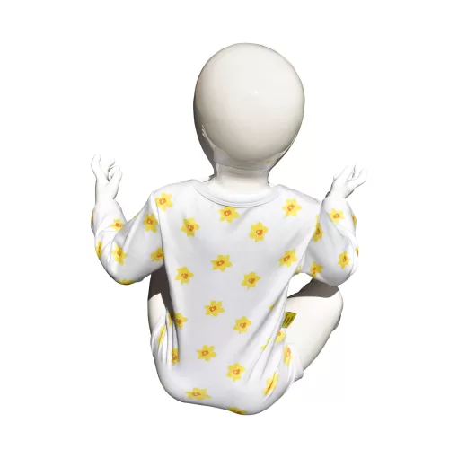 White organic cotton baby long sleeved bodysuit with vibrant daffodil design with two fasteners at bottom can be personalised