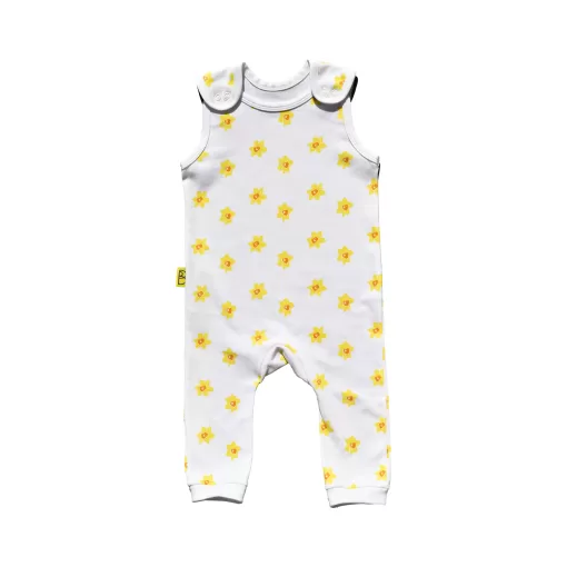 White organic handmade cotton baby dungarees with open sleeves in our vibrant daffodil design with two fasteners on each brace