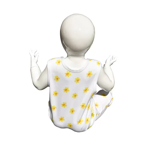 White organic handmade cotton baby dungarees with no sleeves in our vibrant daffodil design with two fasteners on each brace