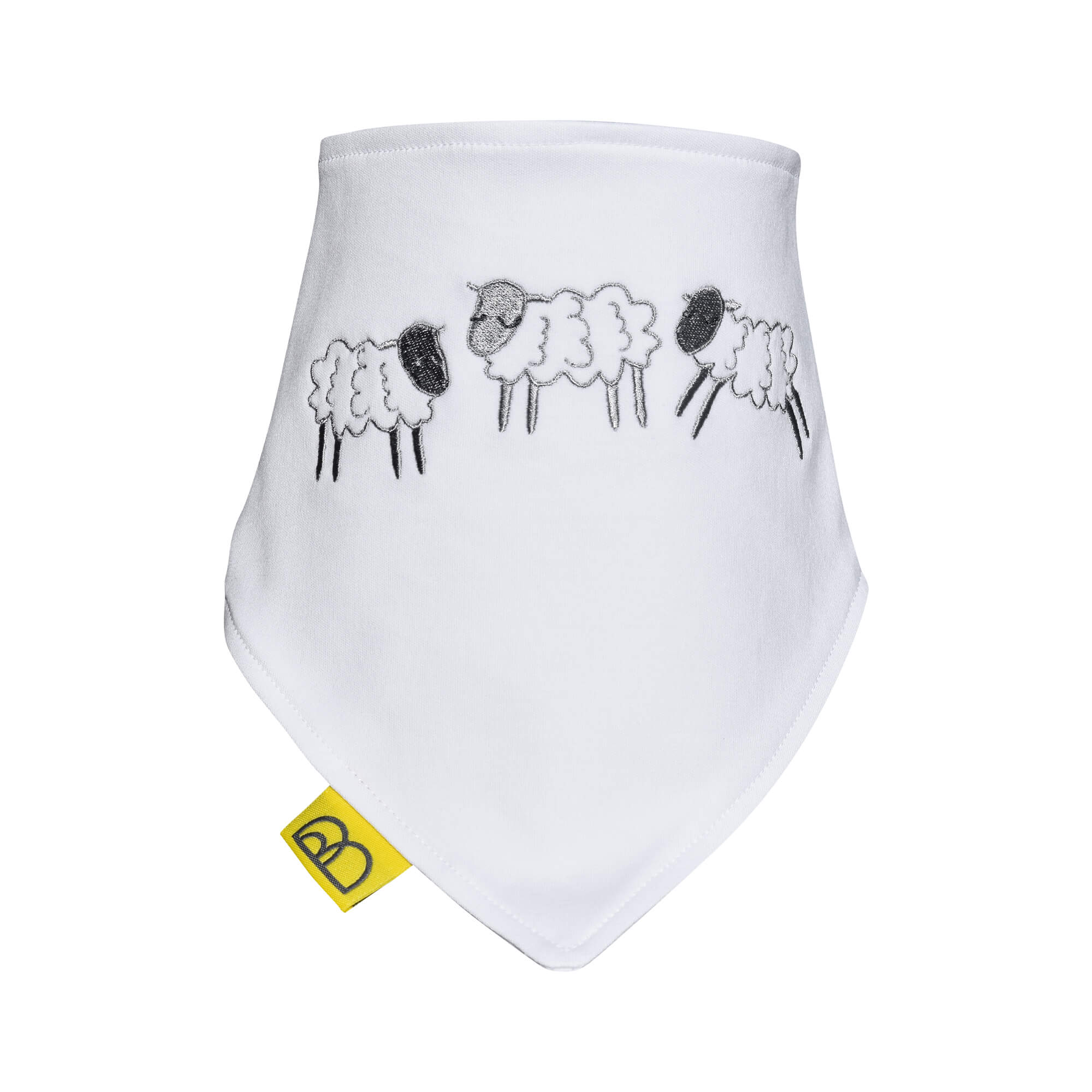 Handmade white Welsh organic cotton baby bib embroidered with three grey sheep and have two fastenings to adjust fit