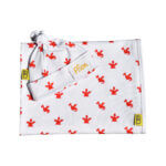 Organic cotton baby blanket and hat gift set with our red playful dragon design, printed on to GOTs white cotton. Rectangular blanket is 80cm by 60cm.