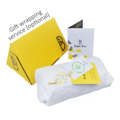 gift wrapping includes baby gift wrapped in tissue with gift card and unique bedtime story presented in yellow triangular box